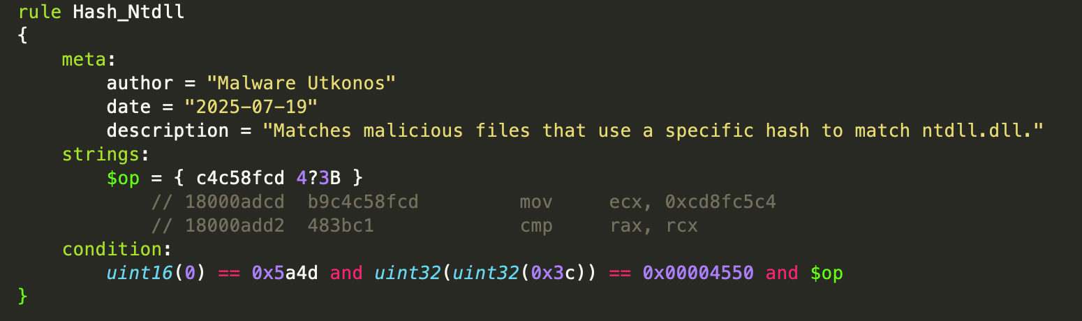 Generalized Hunting Rule to Match Ntdll API Hash