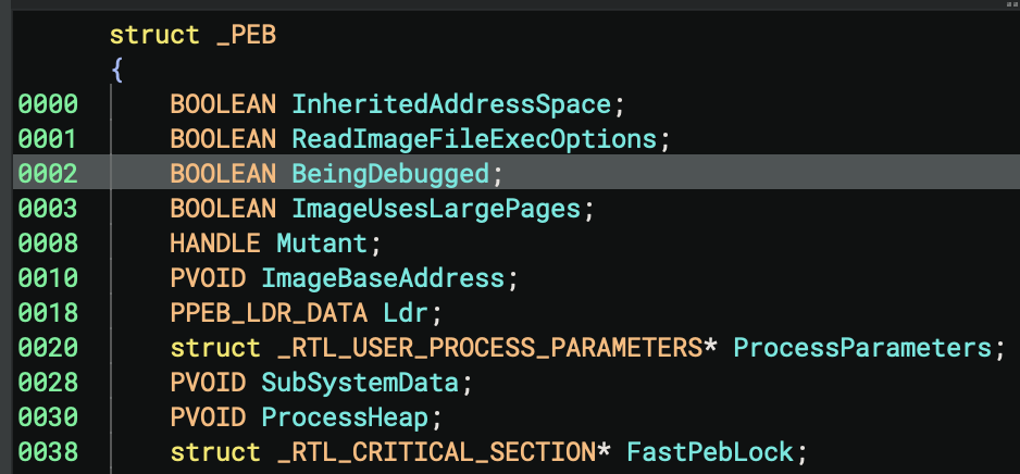 PEB Struct with BeingDebugged Member Highlighted