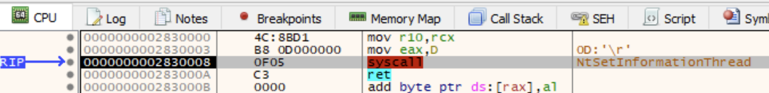 Syscall to `NtSetInformationThread` in Debugger