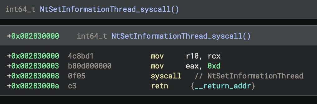 Syscall to `NtSetInformationThread` in Binary Ninja